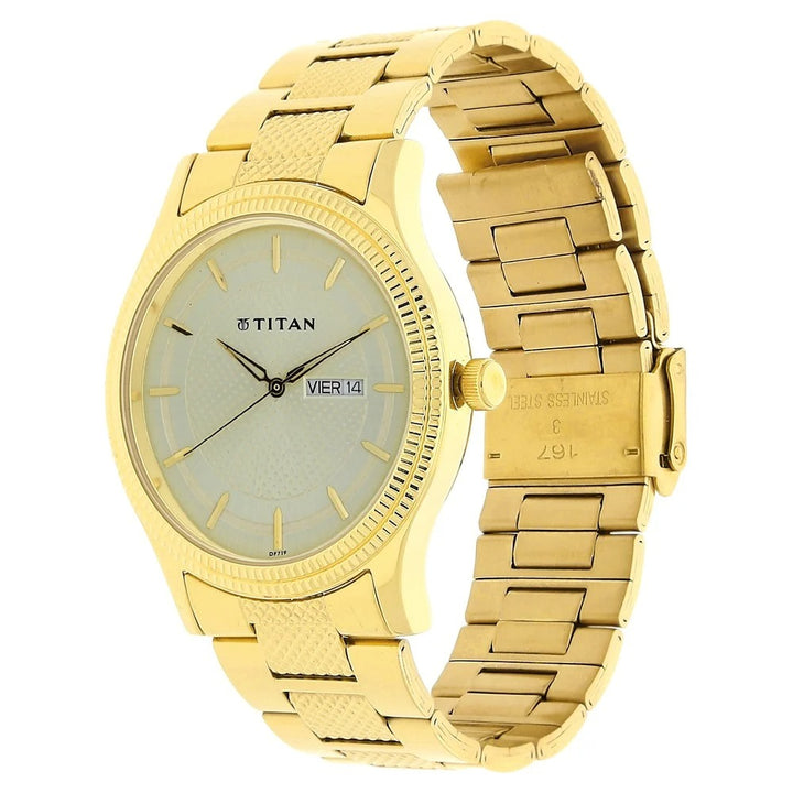 Titan Karishma 40mm Champagne Dial Day Date Gold Stainless Steel Bracelet Men&