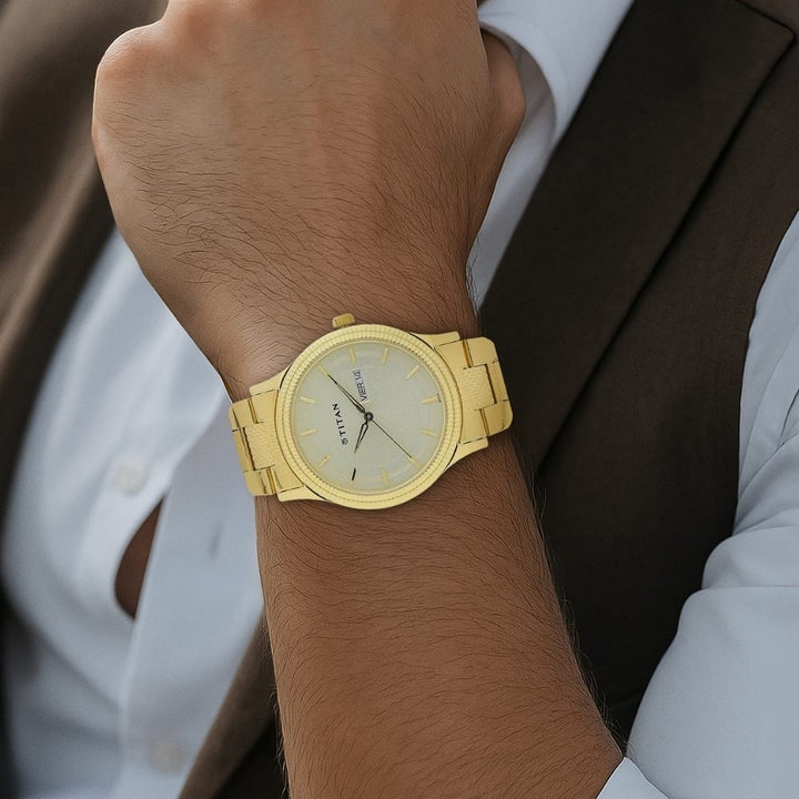 Titan Karishma 40mm Champagne Dial Day Date Gold Stainless Steel Bracelet Men&