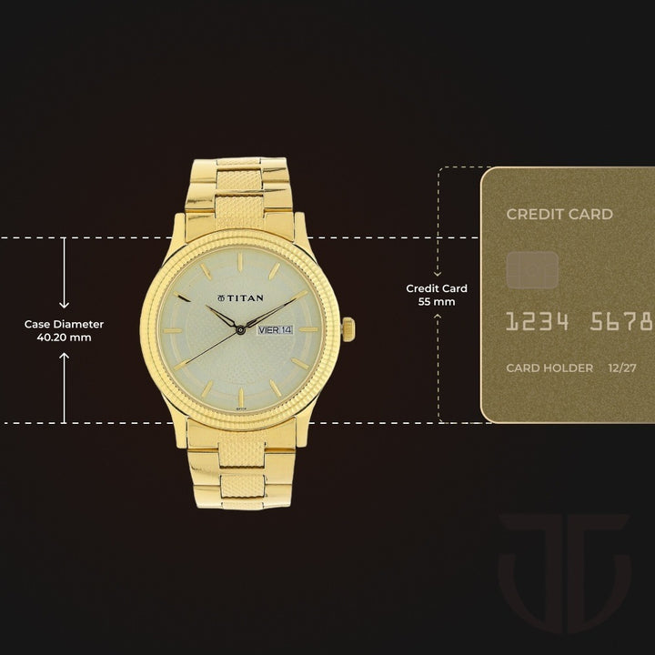 Titan Karishma 40mm Champagne Dial Day Date Gold Stainless Steel Bracelet Men&
