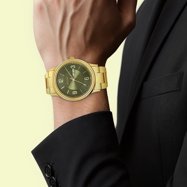 Titan Karishma 40mm Green Dial Day Date Gold Stainless Steel Bracelet Men&
