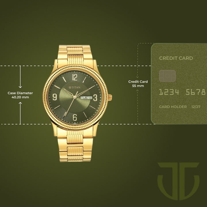 Titan Karishma 40mm Green Dial Day Date Gold Stainless Steel Bracelet Men&