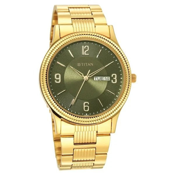 Titan Karishma 40mm Green Dial Day Date Gold Stainless Steel Bracelet Men&