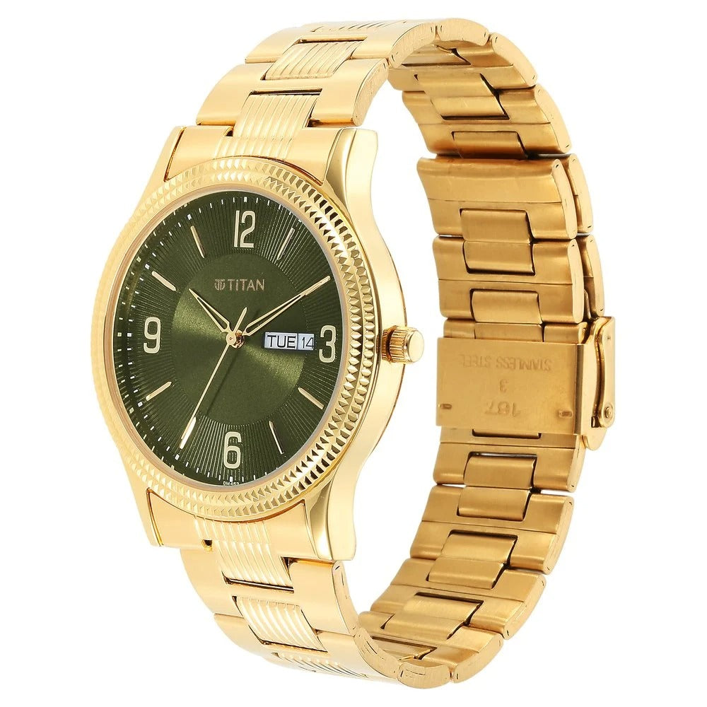 Titan Karishma 40mm Green Dial Day Date Gold Stainless Steel Bracelet Men&