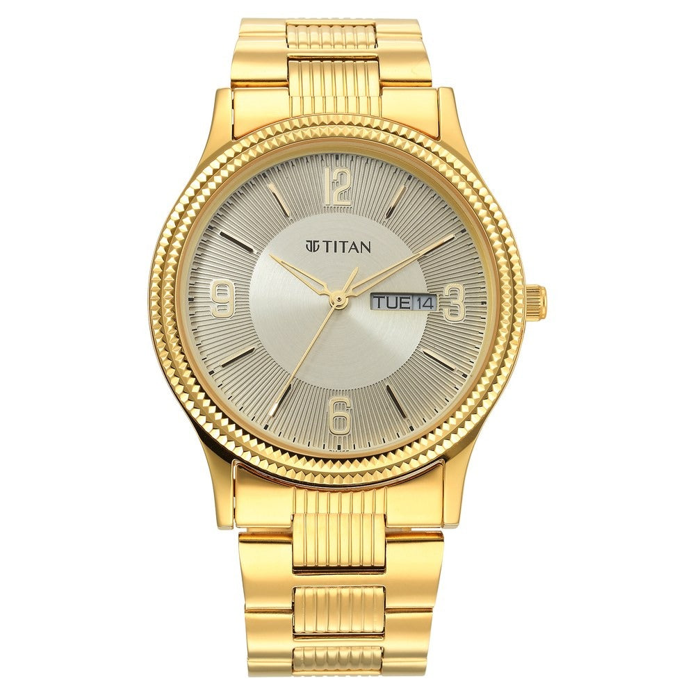 Titan Karishma 40mm Champagne Dial Day Date Stainless Steel Bracelet Men&