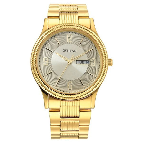 Titan Karishma 40mm Champagne Dial Day Date Stainless Steel Bracelet Men&