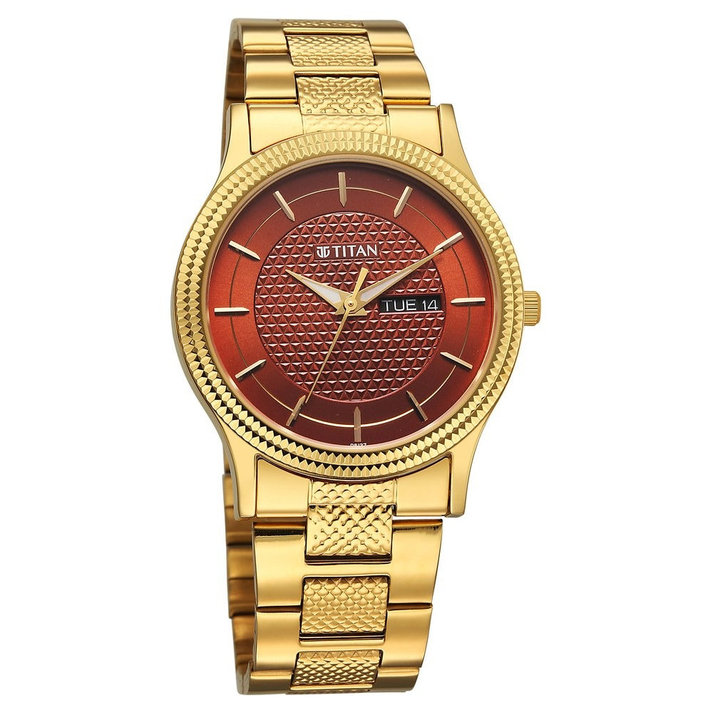 Titan Karishma 40mm Brown Dial Day Date Gold Stainless Steel Bracelet Men&