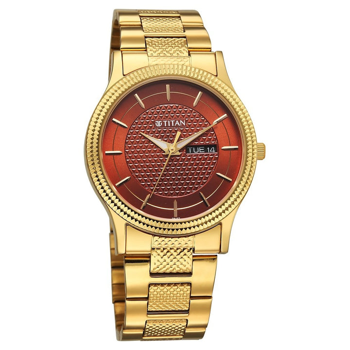 Titan Karishma 40mm Brown Dial Day Date Gold Stainless Steel Bracelet Men&