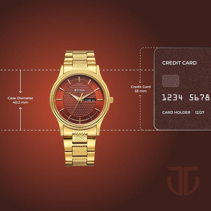 Titan Karishma 40mm Brown Dial Day Date Gold Stainless Steel Bracelet Men&