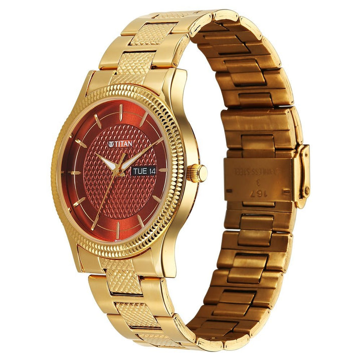 Titan Karishma 40mm Brown Dial Day Date Gold Stainless Steel Bracelet Men&