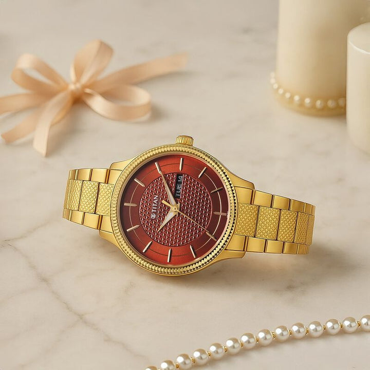 Titan Karishma 40mm Brown Dial Day Date Gold Stainless Steel Bracelet Men&
