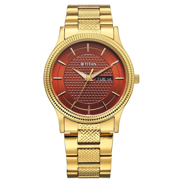 Titan Karishma 40mm Brown Dial Day Date Gold Stainless Steel Bracelet Men&