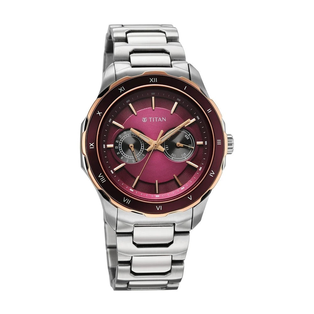 Titan Regalia Opulent 43mm Maroon Dial Day Date Multifunction Stainless Steel Bracelet Men&