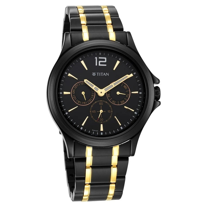 Titan 44.5mm Black Dial Date Black and Gold Stainless Steel Bracelet Men&