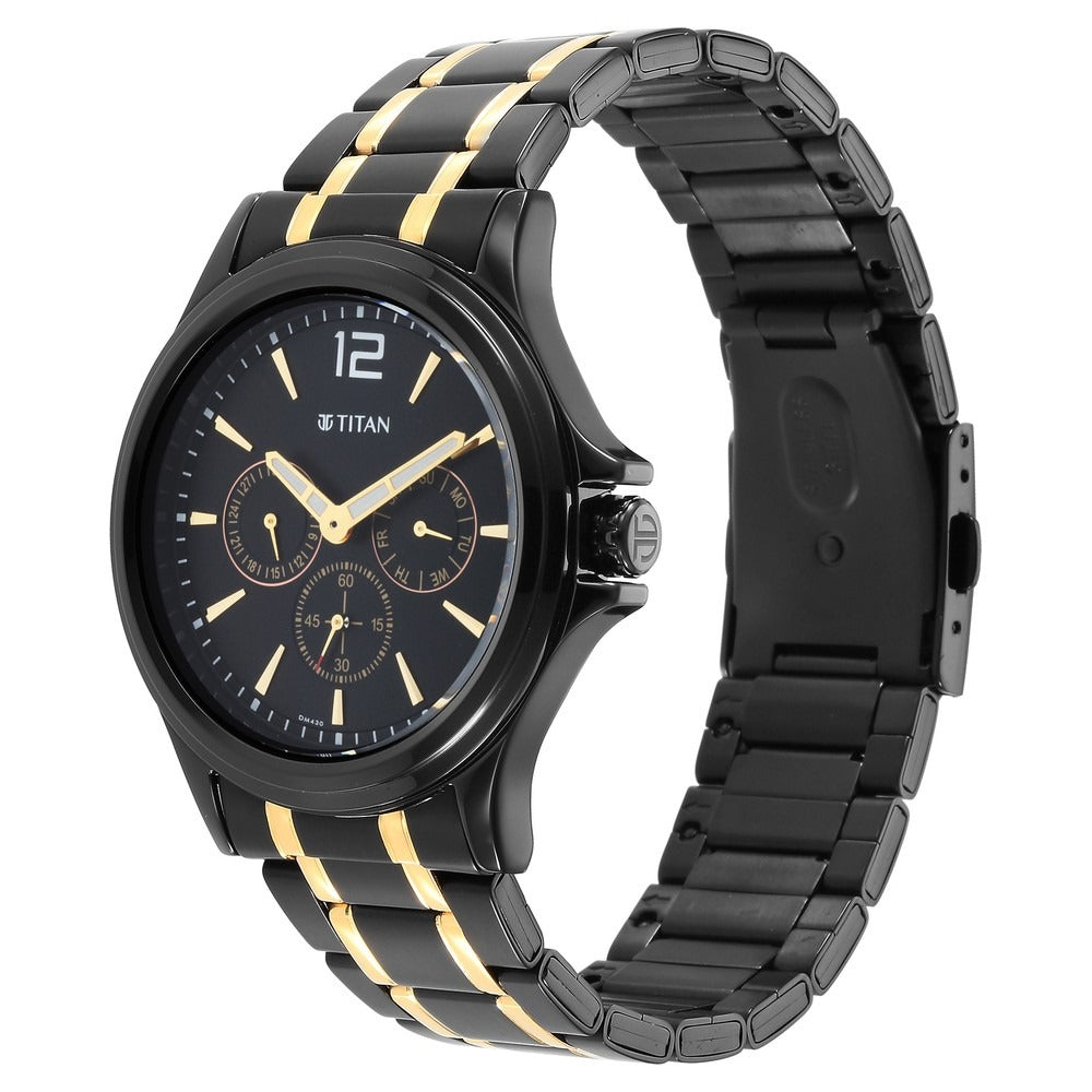 Titan 44.5mm Black Dial Date Black and Gold Stainless Steel Bracelet Men&