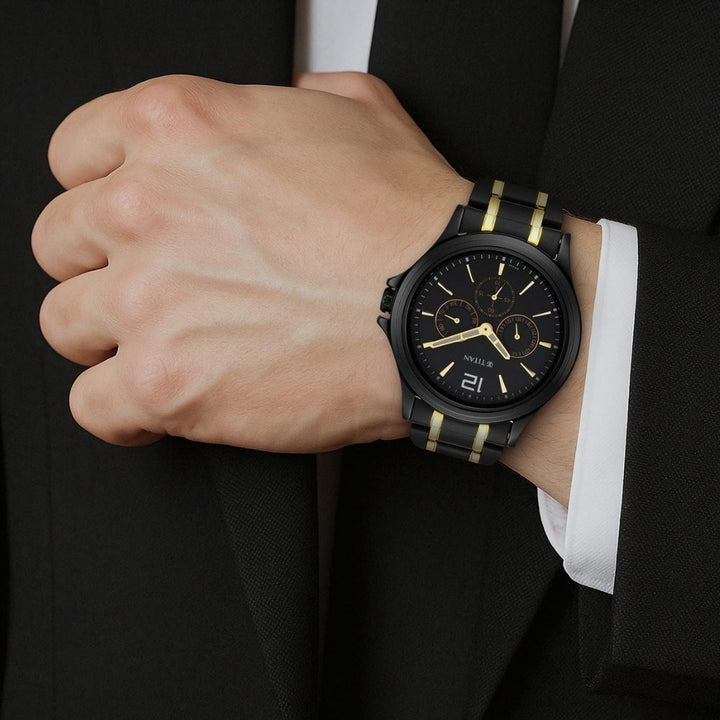 Titan 44.5mm Black Dial Date Black and Gold Stainless Steel Bracelet Men&