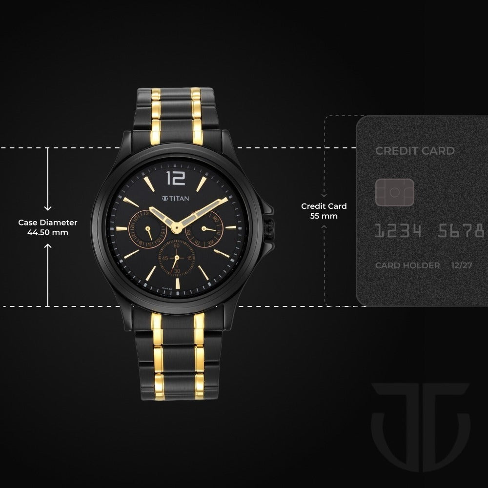 Titan 44.5mm Black Dial Date Black and Gold Stainless Steel Bracelet Men&