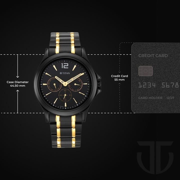 Titan 44.5mm Black Dial Date Black and Gold Stainless Steel Bracelet Men&