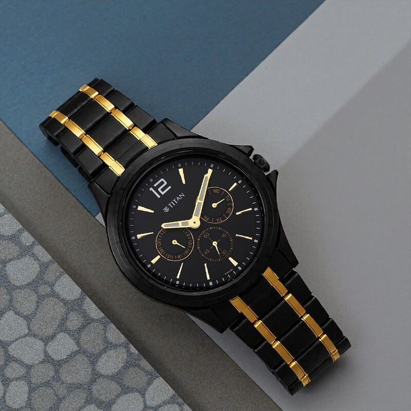 Titan 44.5mm Black Dial Date Black and Gold Stainless Steel Bracelet Men&