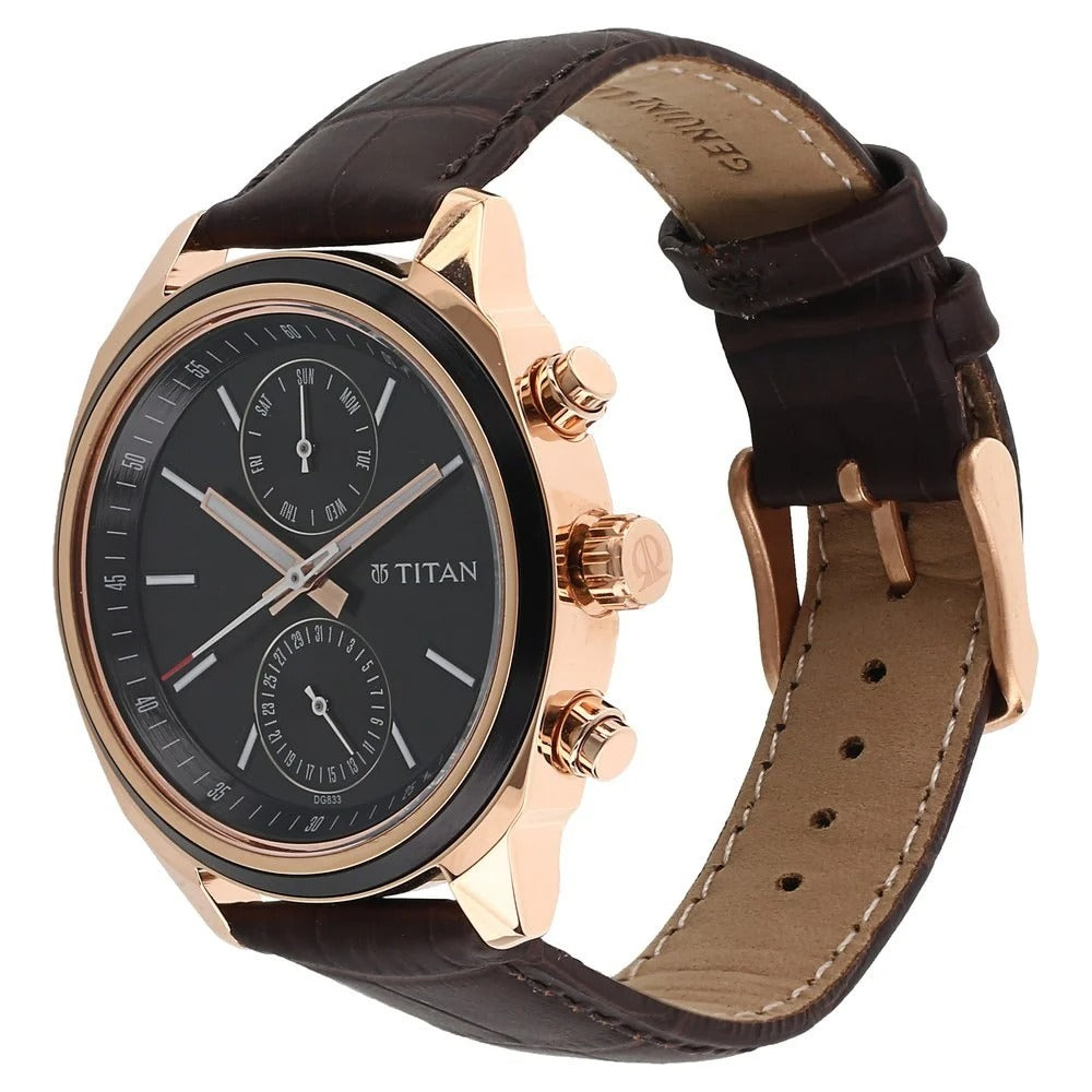 Titan Workwear 41mm Black Dial Date Brown Leather Strap Men&