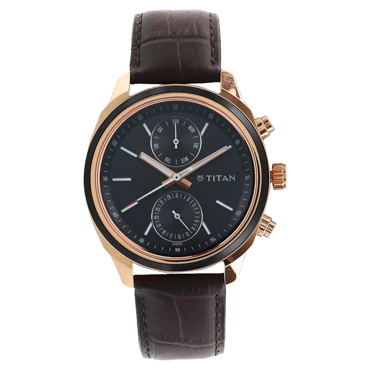 Titan Workwear 41mm Black Dial Date Brown Leather Strap Men&