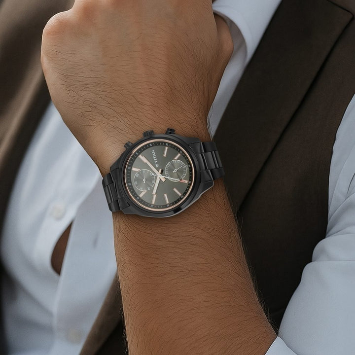 Titan Workwear 41mm Anthracite Dial Multifunction Two-Tone Black Silver Bracelet Men&