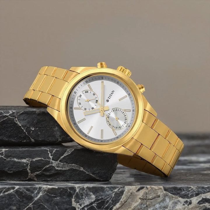 Titan Workwear 41mm Silver Dial Multifunction Gold Stainless Steel Bracelet Men&