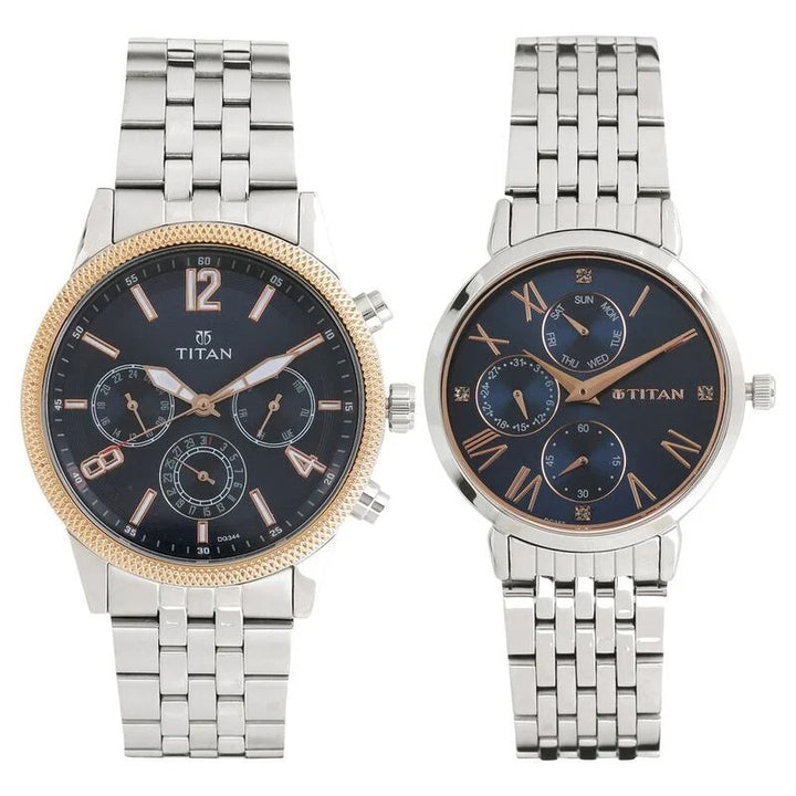 Titan Bandhan Couple Gift Set 41mm Blue Dial Silver Stainless Steel Bracelet 17342569KM01