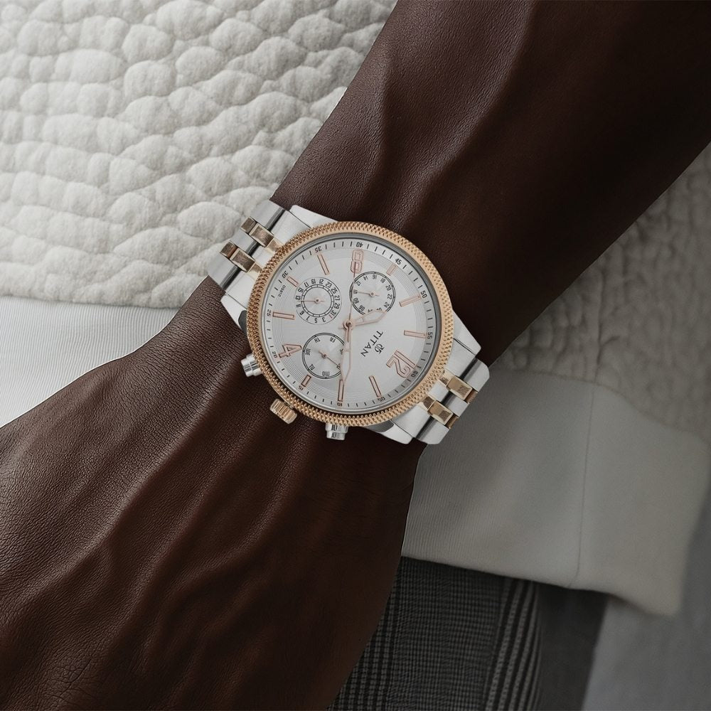 Titan Workwear 42mm White Dial Multifunction Two-Tone Rose Gold Stainless Steel Bracelet Men&