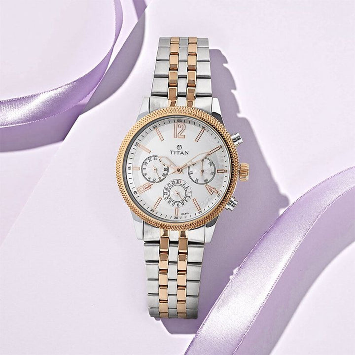 Titan Workwear 42mm White Dial Multifunction Two-Tone Rose Gold Stainless Steel Bracelet Men&