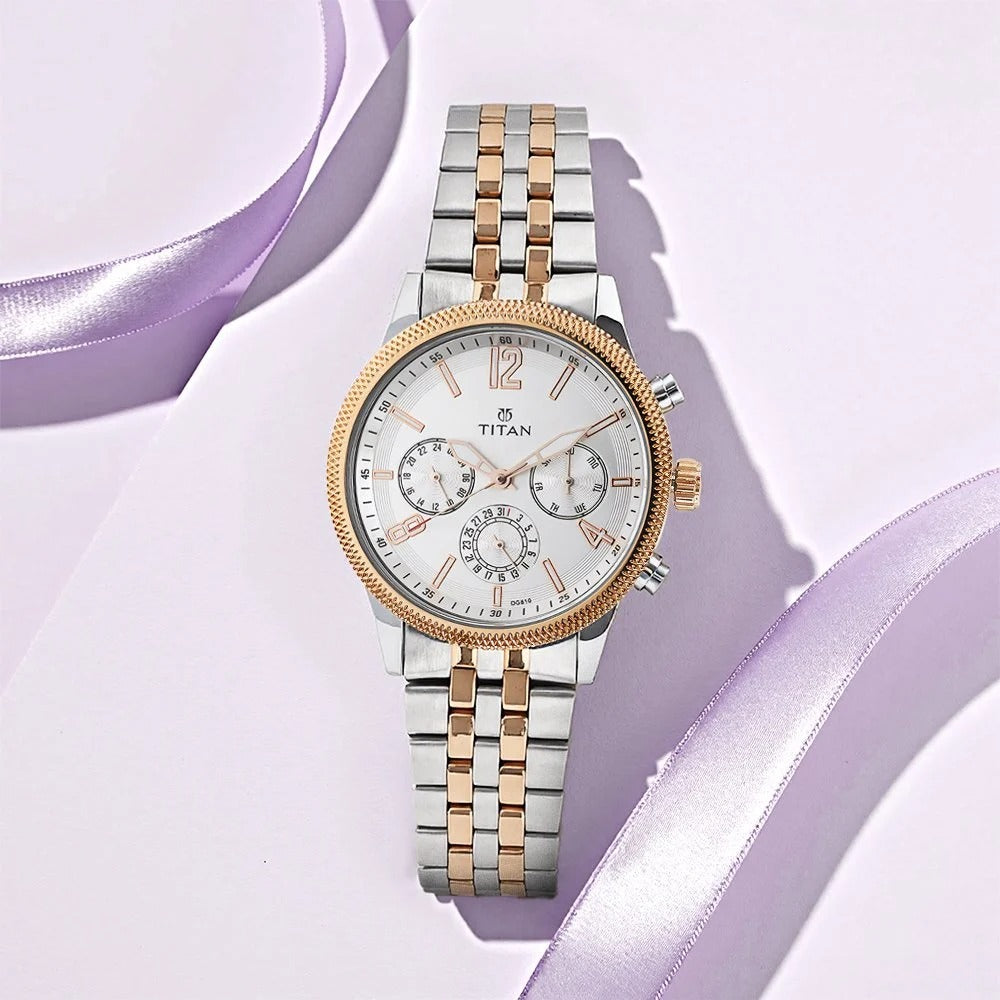 Titan Workwear 42mm White Dial Multifunction Two-Tone Rose Gold Stainless Steel Bracelet Men&