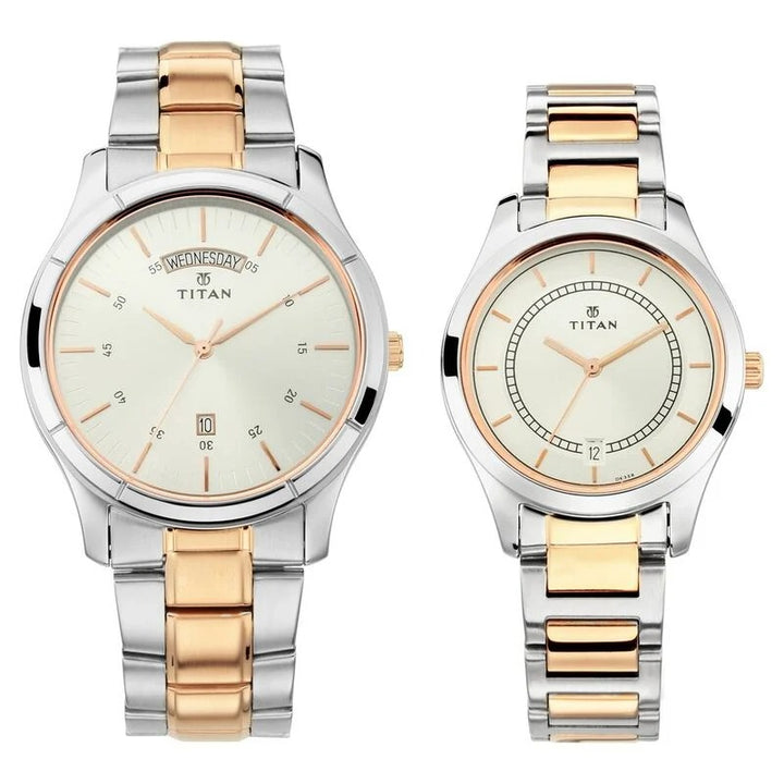 Titan Bandhan Couple Gift Set 40mm Silver Dial Date Rose Gold Two-Tone Stainless Steel Bracelet 17672596KM01
