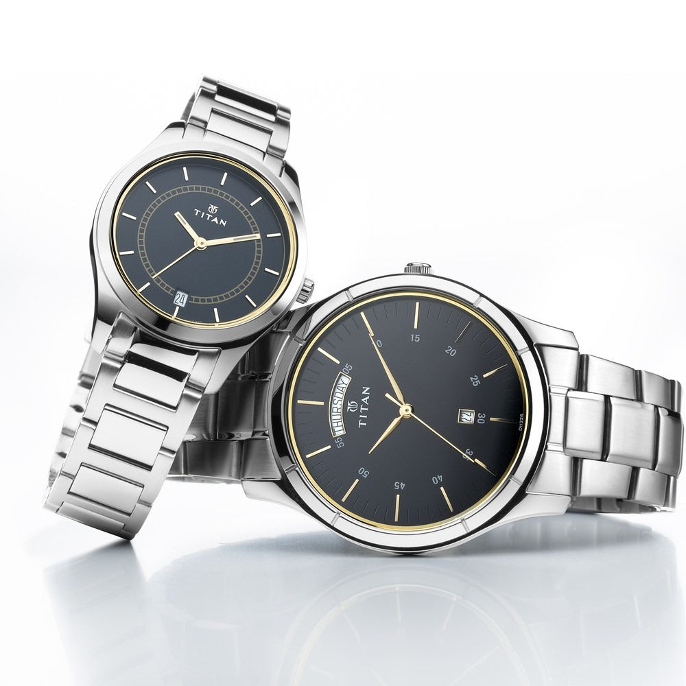 Titan Bandhan Couple Gift Set 42mm Blue Dial Date Silver Stainless Steel Bracelet 17672596SM01