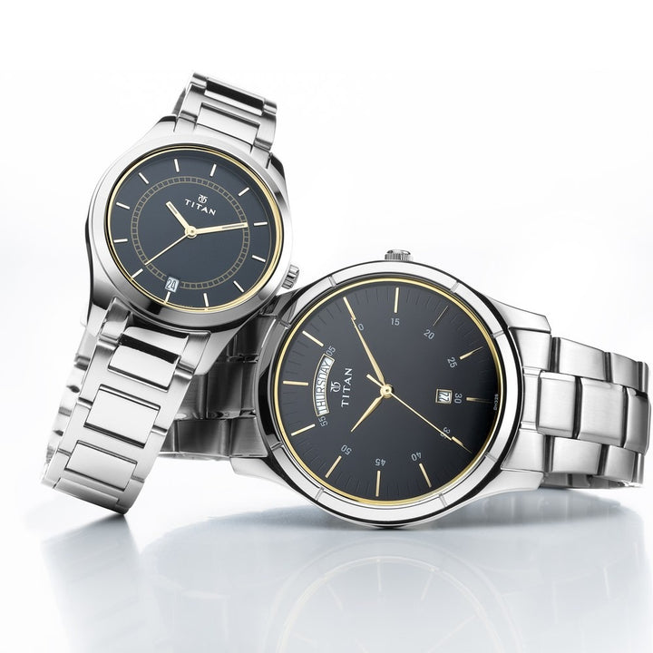 Titan Bandhan Couple Gift Set 42mm Blue Dial Date Silver Stainless Steel Bracelet 17672596SM01