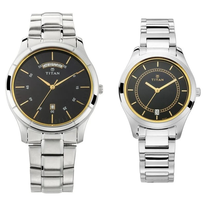 Titan Bandhan Couple Gift Set 42mm Blue Dial Date Silver Stainless Steel Bracelet 17672596SM01