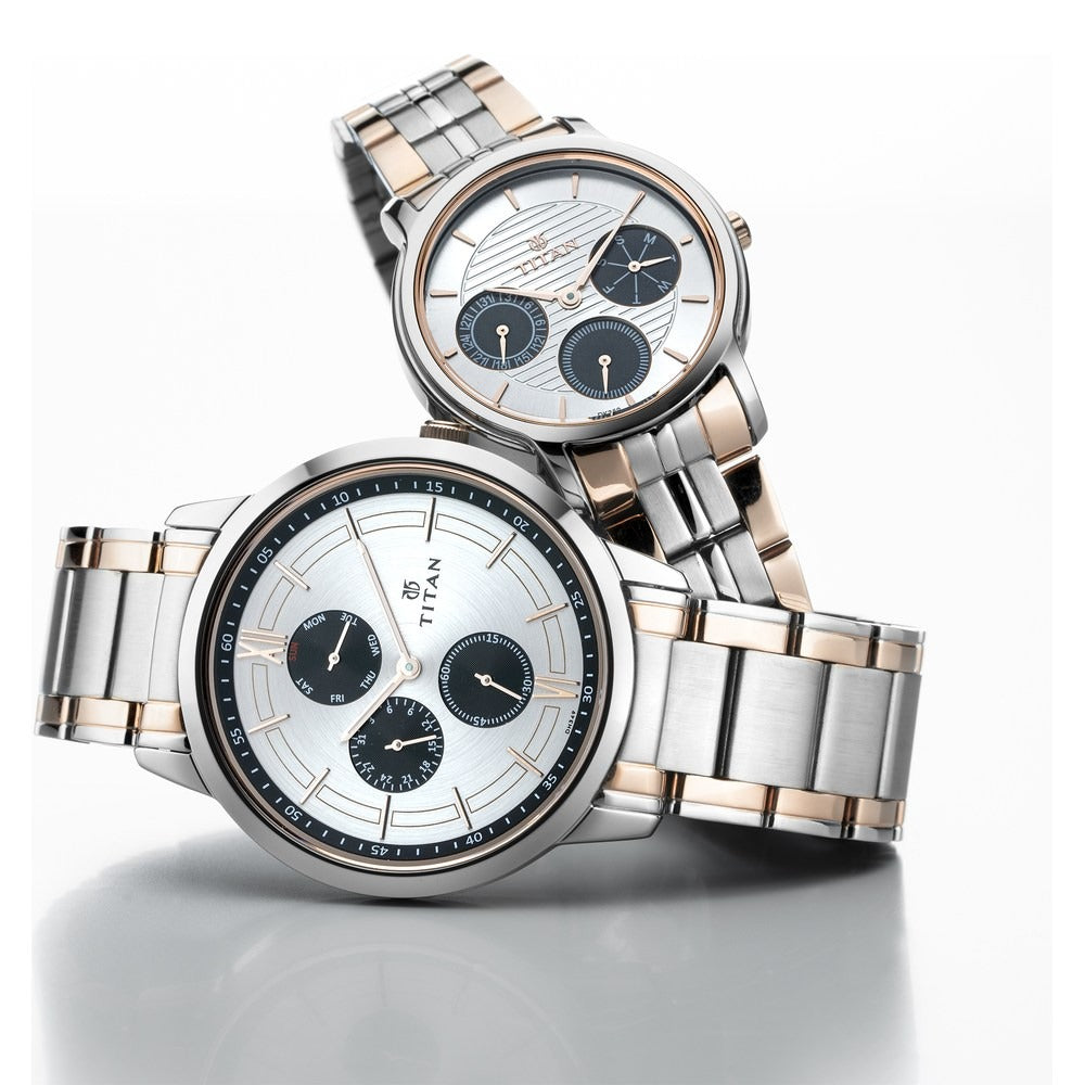 Titan Bandhan Couple Gift Set 41mm Silver Dial Multifunction Rose Gold Two-Tone Stainless Steel Bracelet 17692589KM01