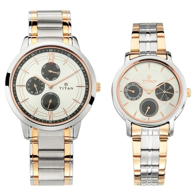 Titan Bandhan Couple Gift Set 41mm Silver Dial Multifunction Rose Gold Two-Tone Stainless Steel Bracelet 17692589KM01