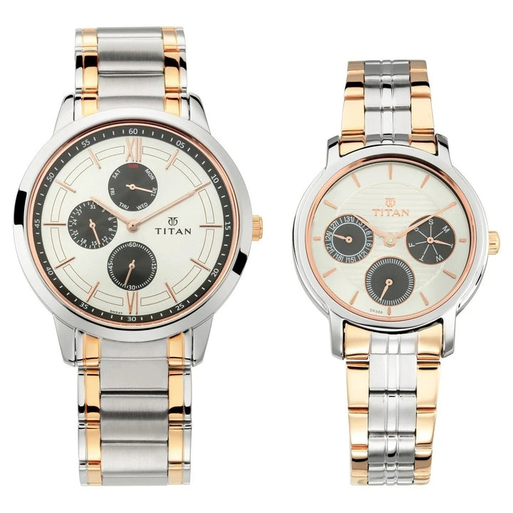 Titan Bandhan Couple Gift Set 41mm Silver Dial Multifunction Rose Gold Two-Tone Stainless Steel Bracelet 17692589KM01