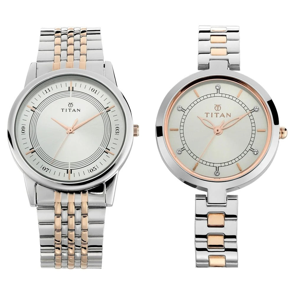Titan Bandhan Couple Gift Set 40mm Silver Dial Rose Gold Two-Tone Stainless Steel Bracelet 17732603KM01