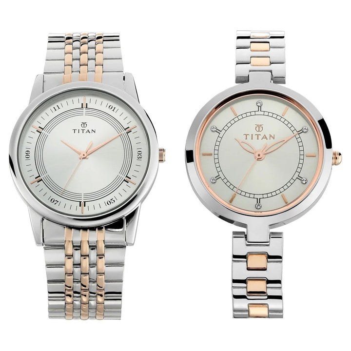 Titan Bandhan Couple Gift Set 40mm Silver Dial Rose Gold Two-Tone Stainless Steel Bracelet 17732603KM01