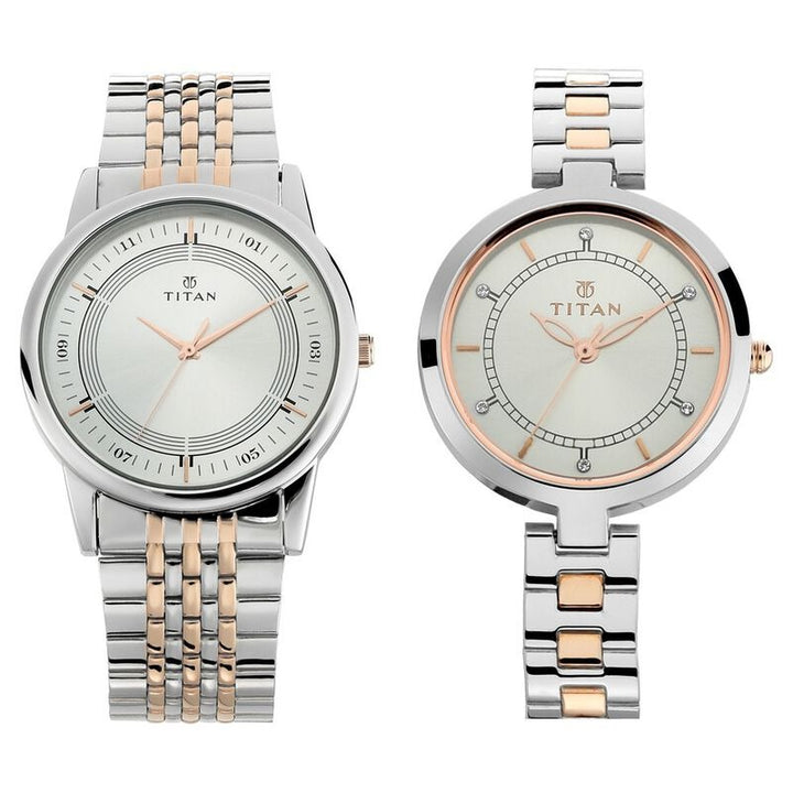 Titan Bandhan Couple Gift Set 40mm Silver Dial Rose Gold Two-Tone Stainless Steel Bracelet 17732603KM01