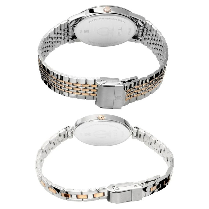 Titan Bandhan Couple Gift Set 40mm Silver Dial Rose Gold Two-Tone Stainless Steel Bracelet 17732603KM01