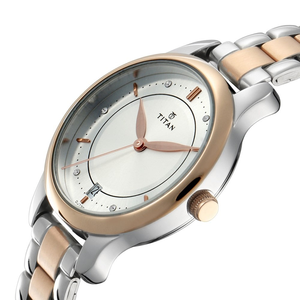 Titan Bandhan Couple Gift Set 40mm Silver Dial Date Rose Gold Two-Tone Stainless Steel Bracelet 17752481KM01
