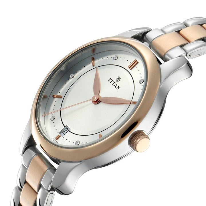 Titan Bandhan Couple Gift Set 40mm Silver Dial Date Rose Gold Two-Tone Stainless Steel Bracelet 17752481KM01