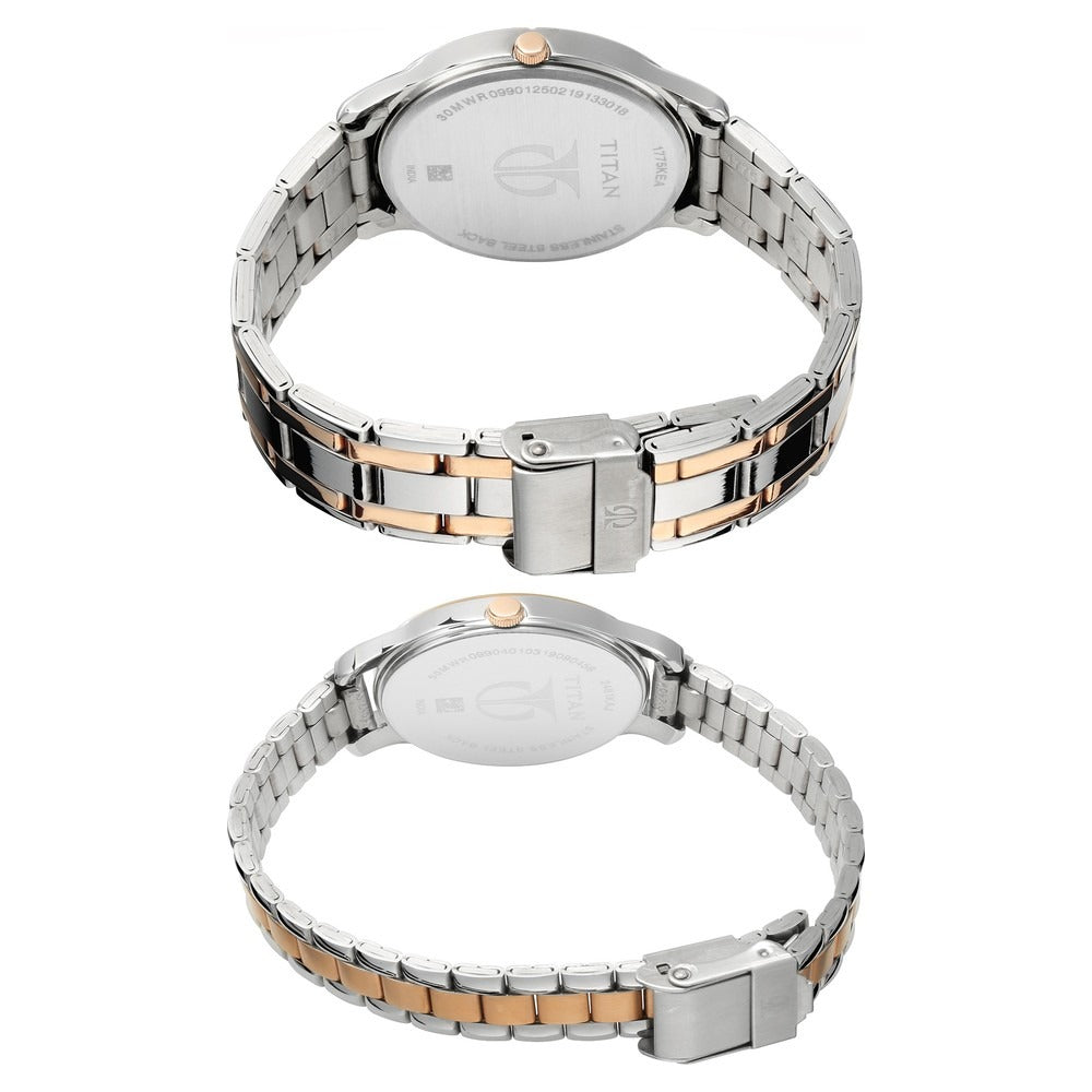 Titan Bandhan Couple Gift Set 40mm Silver Dial Date Rose Gold Two-Tone Stainless Steel Bracelet 17752481KM01
