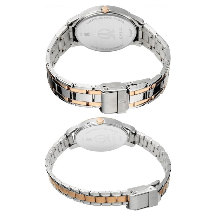 Titan Bandhan Couple Gift Set 40mm Silver Dial Date Rose Gold Two-Tone Stainless Steel Bracelet 17752481KM01