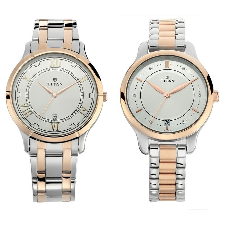 Titan Bandhan Couple Gift Set 40mm Silver Dial Date Rose Gold Two-Tone Stainless Steel Bracelet 17752481KM01