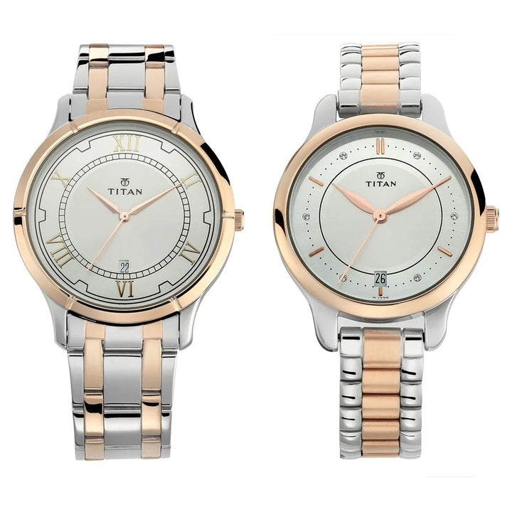Titan Bandhan Couple Gift Set 40mm Silver Dial Date Rose Gold Two-Tone Stainless Steel Bracelet 17752481KM01