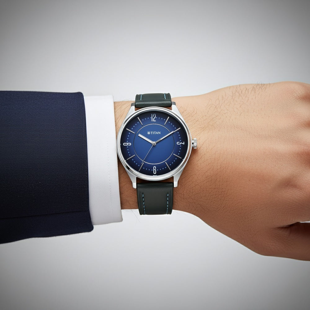 Titan Neo Basics 41mm Blue Dial Date Blue Leather Strap Men&
