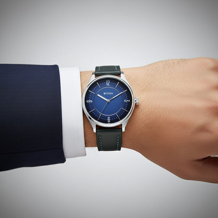 Titan Neo Basics 41mm Blue Dial Date Blue Leather Strap Men&
