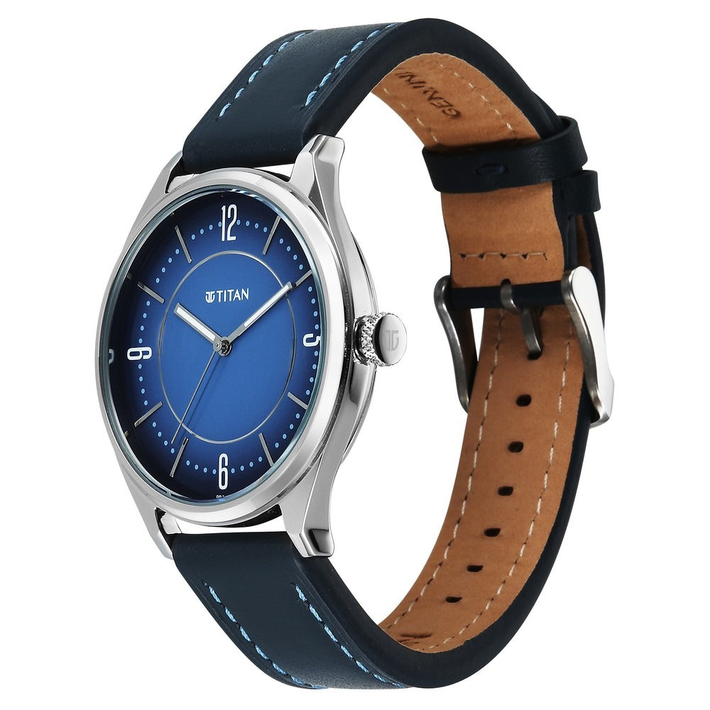 Titan Neo Basics 41mm Blue Dial Date Blue Leather Strap Men&